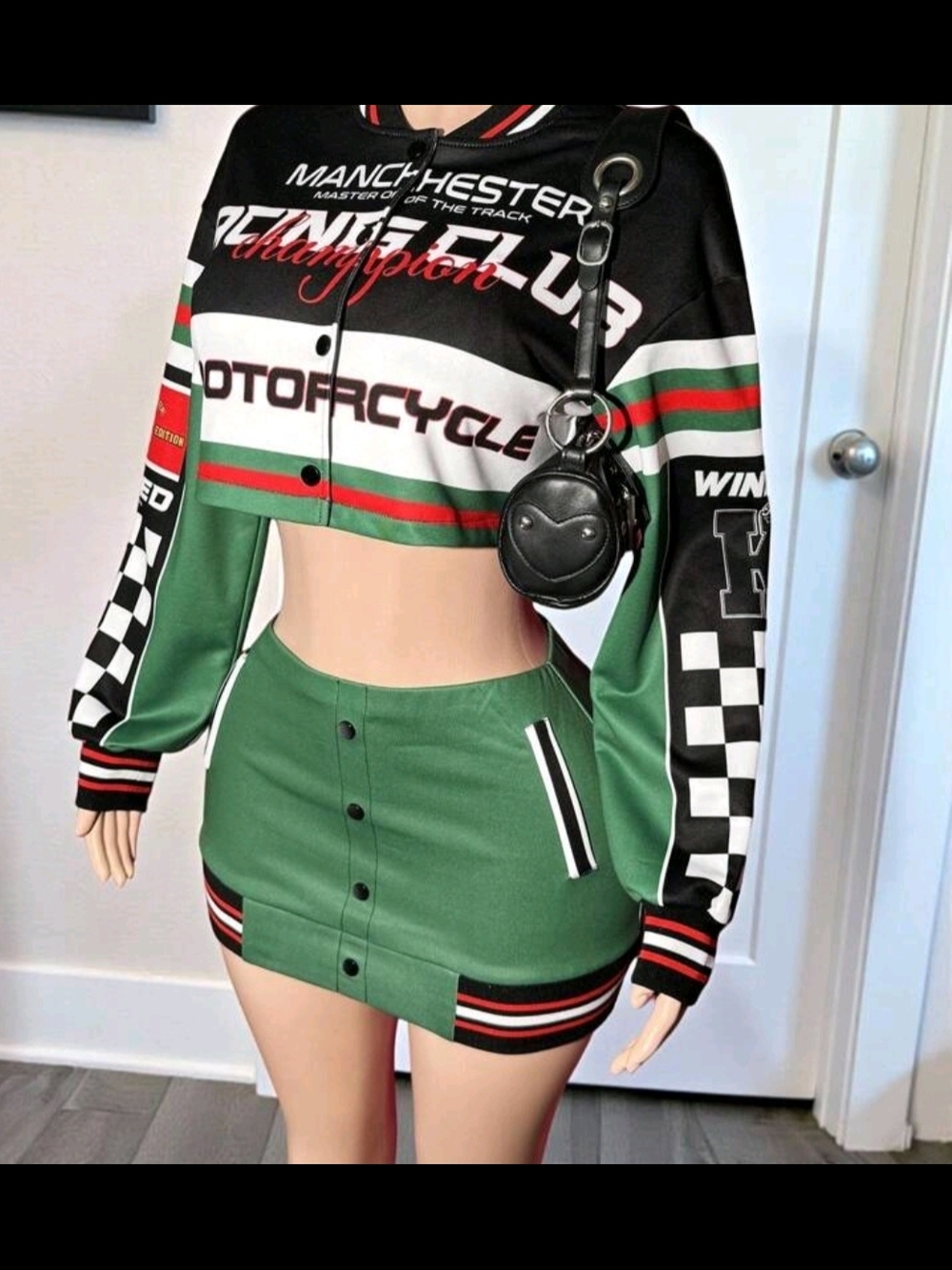 Green Two-Piece Racing Crop Jacket & Mini Skirt Set - Picture 3 of 3